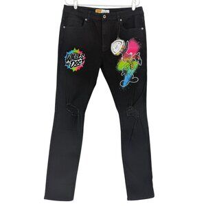 Looney Tunes Men's Stretch Black Jeans Cartoon's Graphic Bling Bunny Size 36 NWT